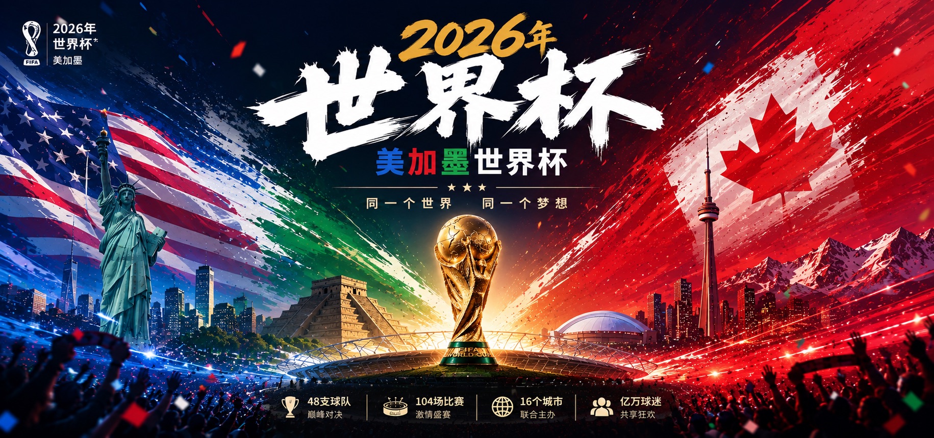 2026 美加墨世界杯官方主视觉：48支球队 · 104场比赛 · 16个城市 · 亿万球迷